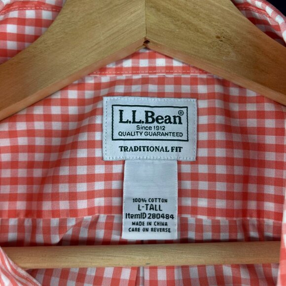 L.L.Bean Mens Orange Gingham Check Short Sleeve Button-Up Shirt Size L-Tall - Picture 3 of 6
